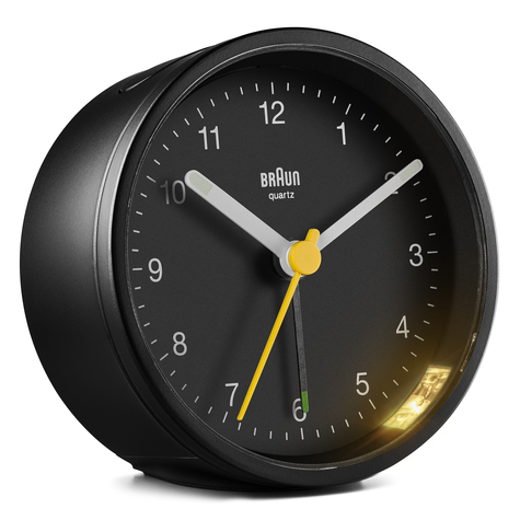 Braun Quartz Alarm Clock Black 7,5x7,5cm - Quartz Alarm Clock - Round - Black - Analog - Yellow - Battery/Accumulator